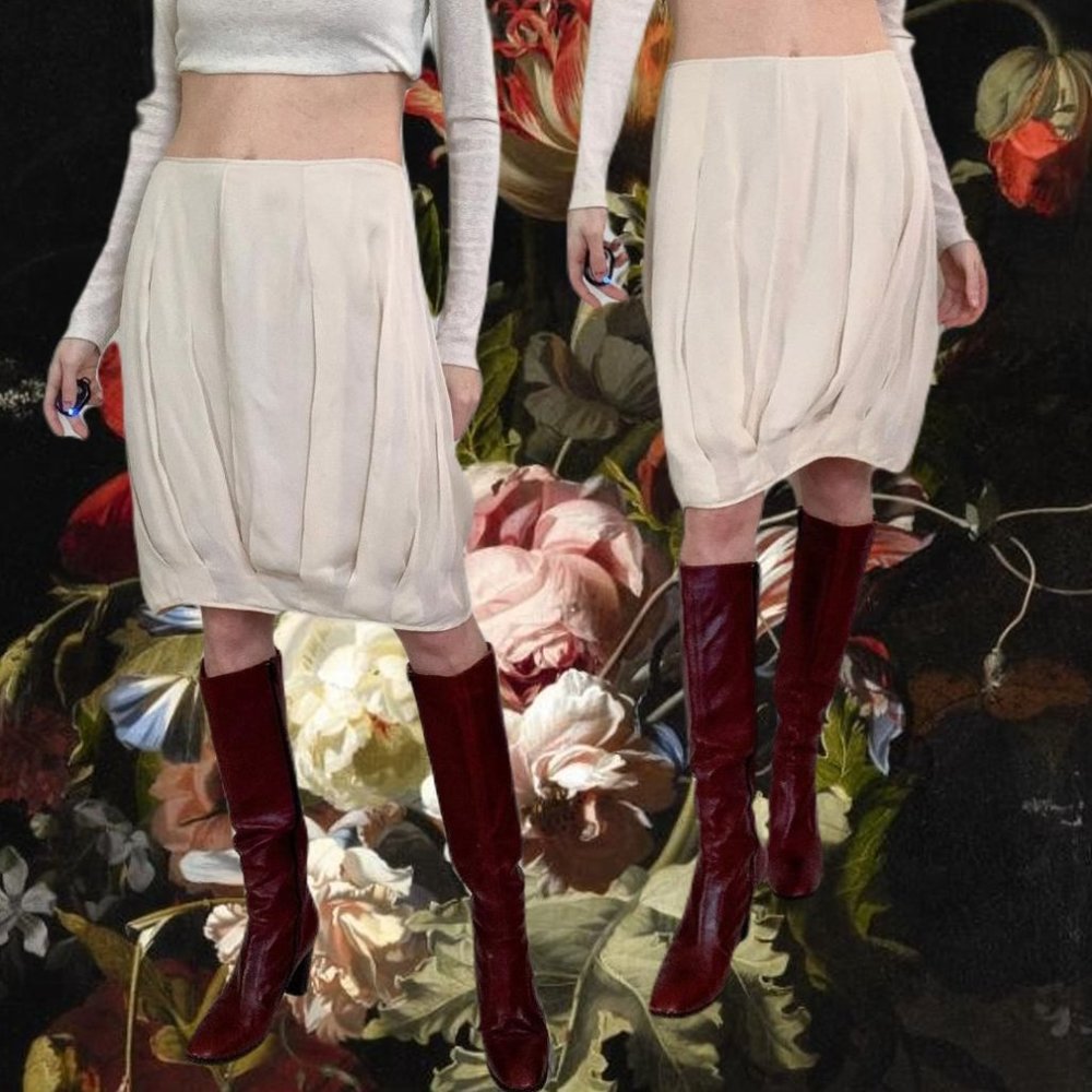 GARY GRAHAM Cream Silk Pleated Skirt Knee Length Scalloped Hem Lined 4 Runs Big - Picture 2 of 10